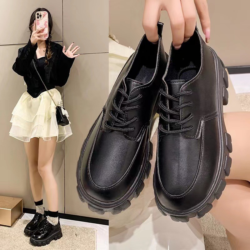 Lace-up Small Leather Shoes Women's New Arrival 2024 Autumn British Style Retro Thick Sole Single-layer Shoes for Students Small Platform Shoes Women
