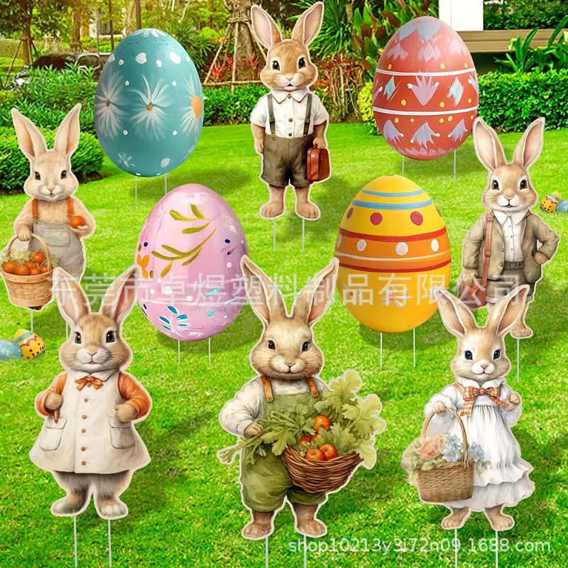 Easter New Rabbit Egg Party Courtyard Ground Sign Pp Plastic Hollow Corrugated Cardboard Lawn Sign