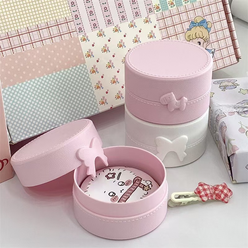 Small Jewelry Storage Box Single-Layer Round Bow Pony Pure Color with Lid Sticker Hairpin Portable Dust-Proof Box