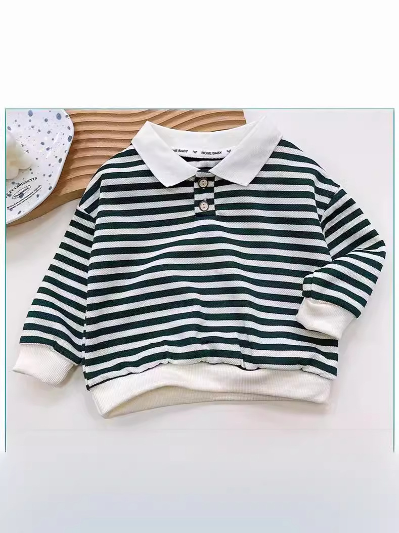 Spring and Autumn Children's Polo Sweatshirt 2025 New Long Sleeve Lapel Striped Sweatshirt Baby Fashionable Top Children's Clothing Wholesale