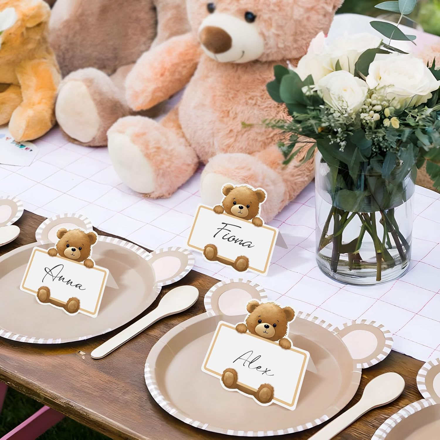 Bear Table Setting Cards, Playful Brown Teddy Bear Foldable Card Tent and Blank Name Cards
