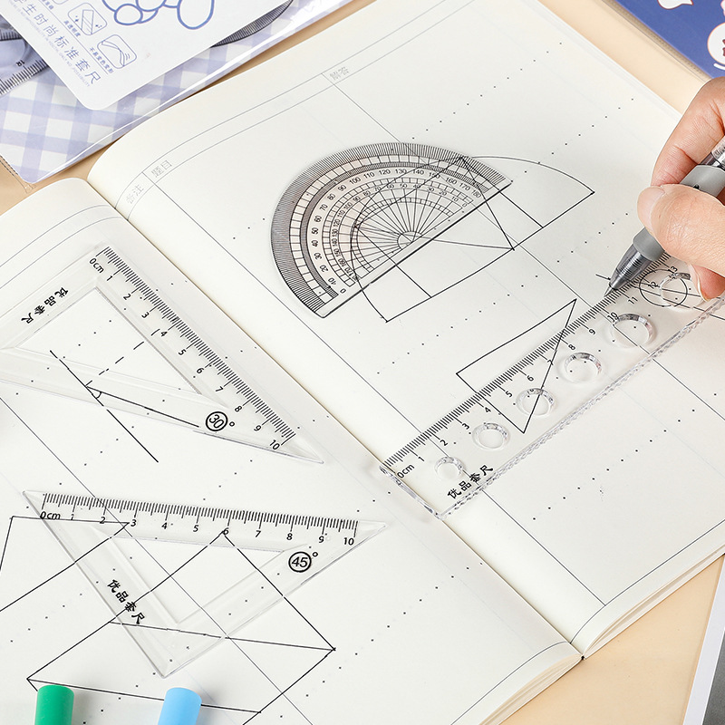 Cartoon set ruler four-piece children's high-value triangle ruler protractor ruler suit primary school stationery wholesale