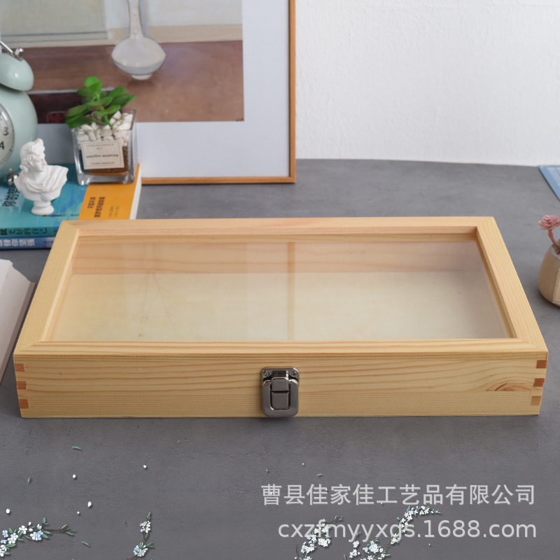 Display Wooden Box with Lock Transparent Storage Box Jewelry Companion Gift Box Rectangular Collection Badge Small Wooden Box