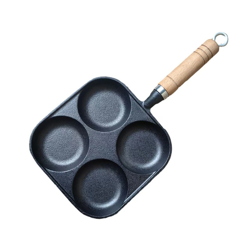 Cast Iron Egg Dumpling Pan Four-hole Multi-function Egg Frying Pan Uncoated Iron Pan Wooden Handle Thickened Household Non-stick Pan