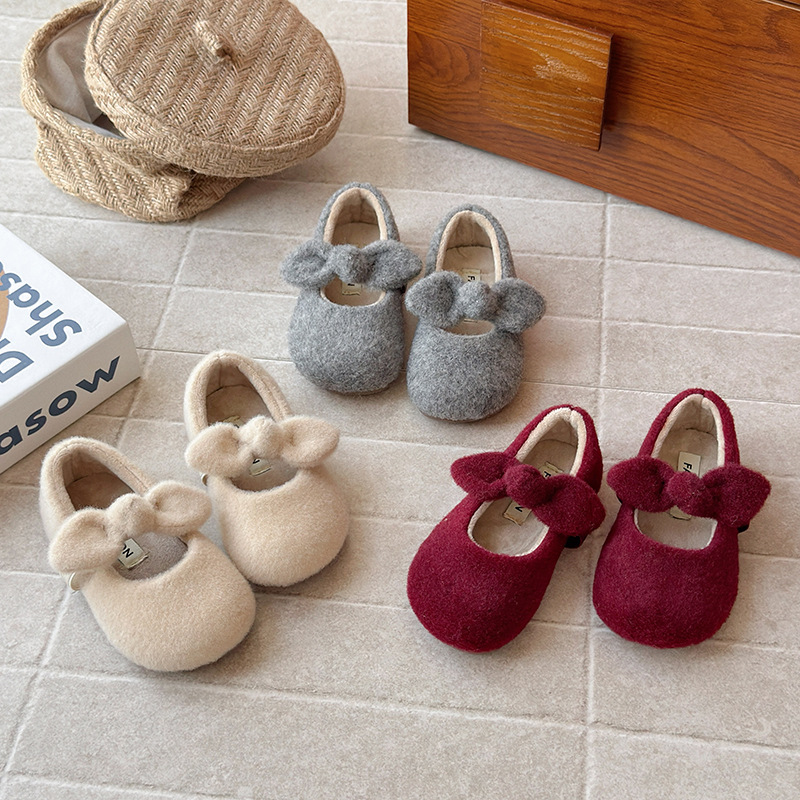 Korean Style Girls' Furry Shoes 2025 Winter New Girls' Bow Princess Shoes Baby Girl's Soft-Soled Bean Shoes