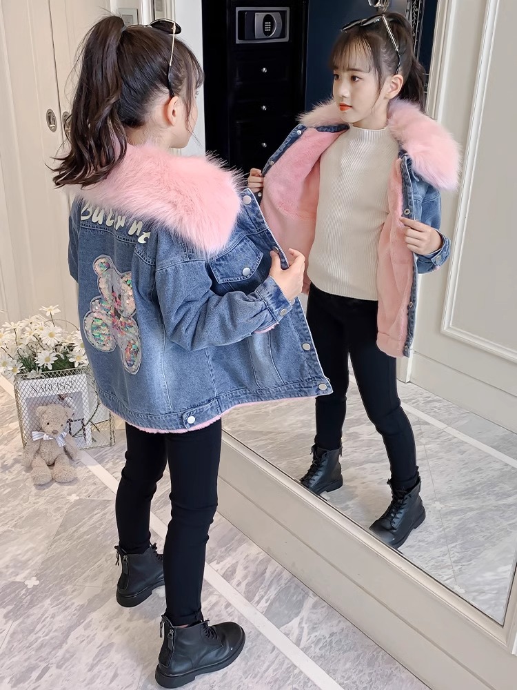 Girls' Velvet Coat 2024 New Children's Denim Autumn and Winter Thickened Big Children's Wear Girls' Winter Cotton-padded Jacket
