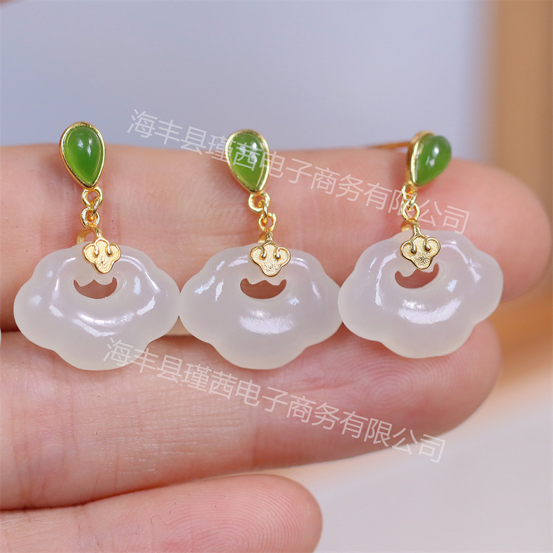 Новые винтажные серьги из нефрита Хэтиан с замком мира, новый китайский стиль, голубые и белые серьги из нефрита, серьги с ушными крючками Сяньюнь