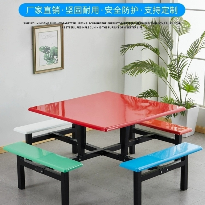 Canteen Dining Table and Chairs for School Students and Staff, Factory 6-Person and 8-Person Integrated Fast Food Dining Table and Chair Set, Stainless Steel Round Dining Table