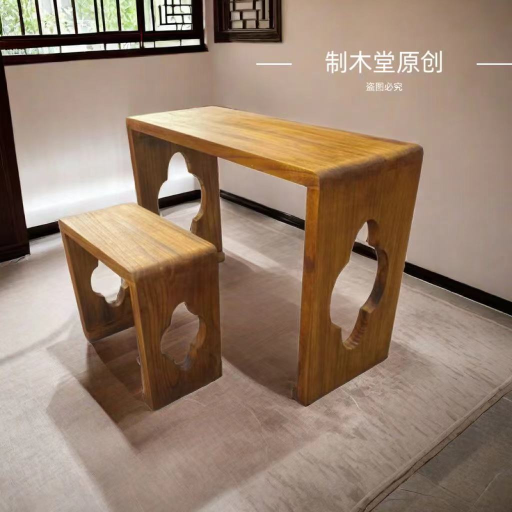 Solid Wood Antique-Style Guqin Table, Chinese Tea Table, Calligraphy Table, Dovetail Joint Guqin Table and Stool, Burnt Paulownia Wood Table