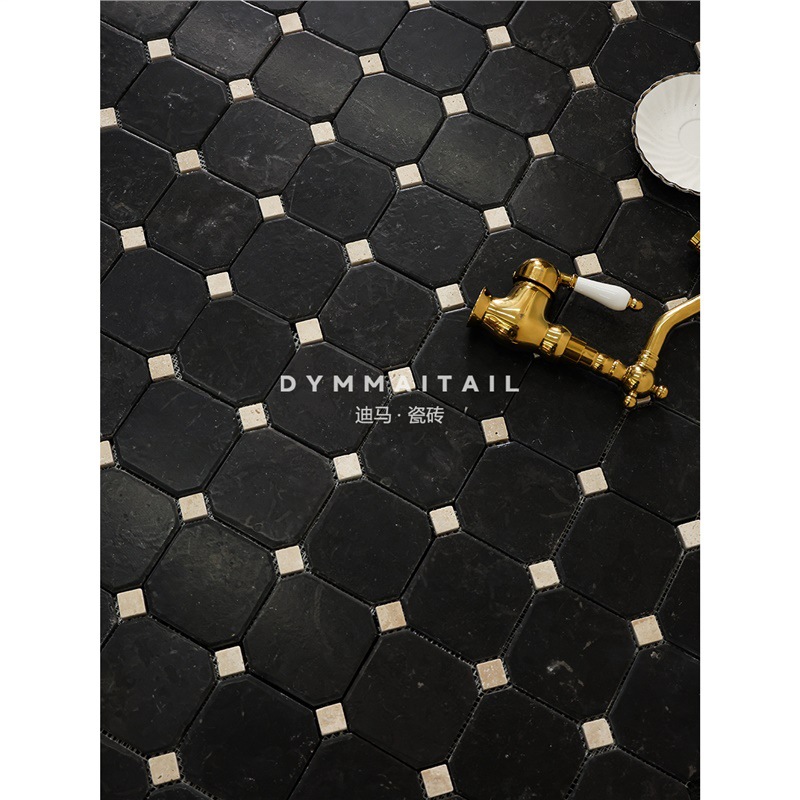 Black Retro Lime Stone Octagonal Mosaic Bathroom Coffee Shop Commercial Space B&B Matte Stone Floor Tiles