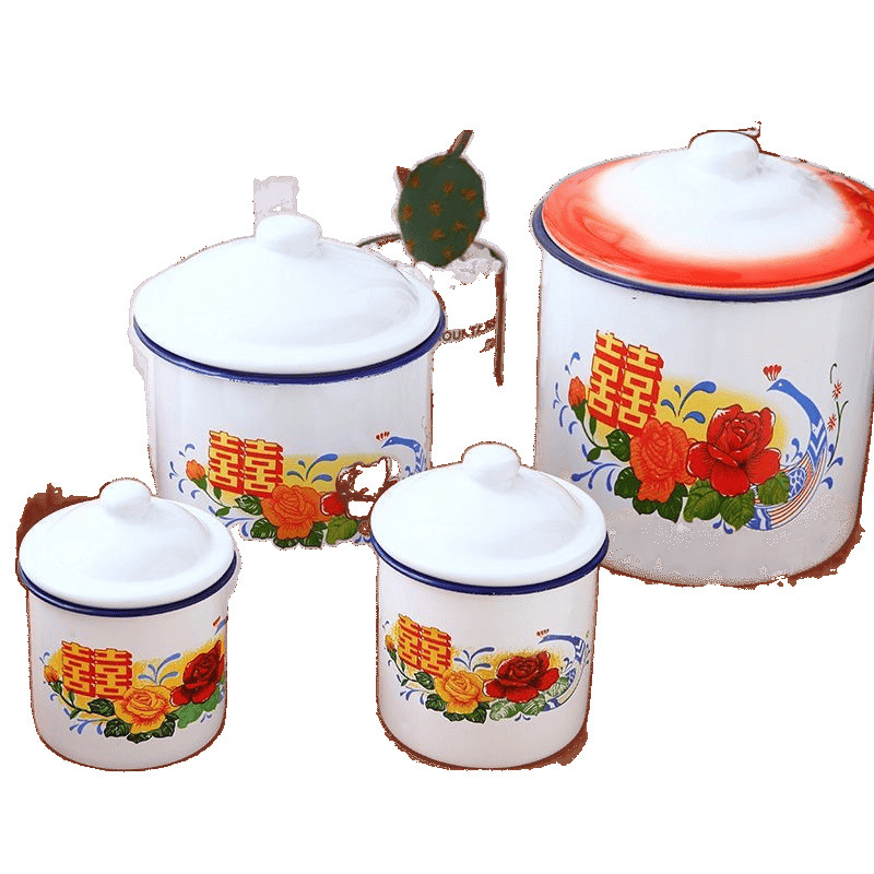 Office Classic Enamel Cup with Floral Double Happiness Design, Large Nostalgic Enamel Mug with Lid for Restaurants, Traditional Water Cup for Weddings