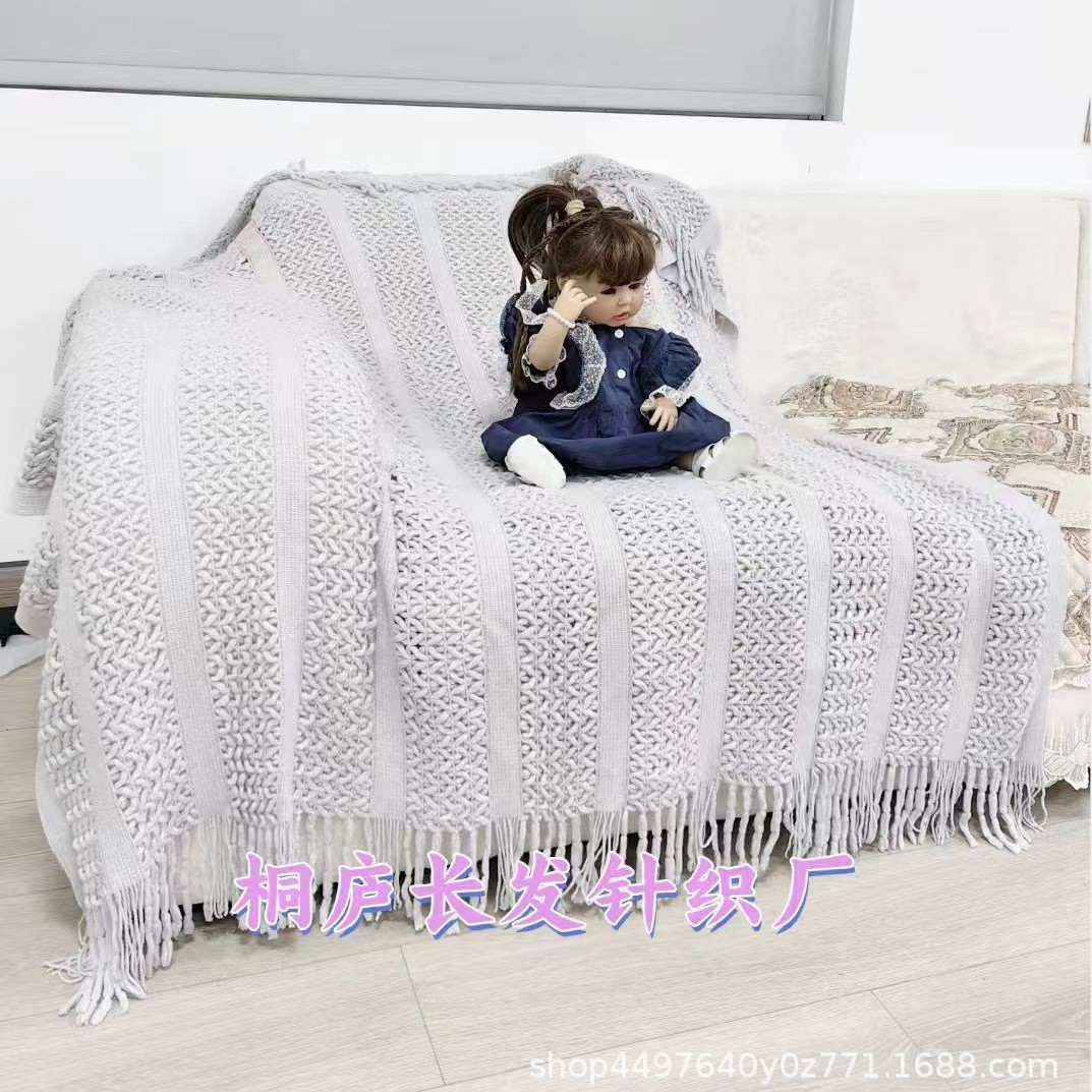 2025 Hot-Selling Sofa Throw Blanket, Knitted Tassel Diamond Jacquard Throw Blanket, Cream-Style Universal Sofa Cover