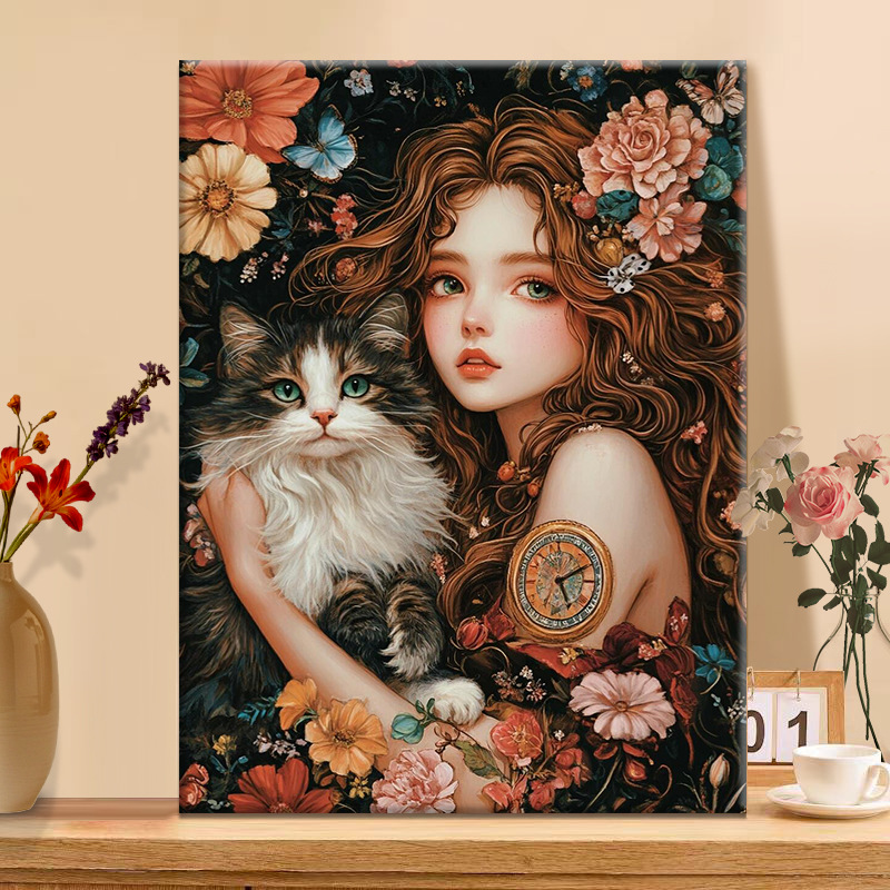 Meow Yu Garden | DIY цифровая масляная живопись акрилом, ручная роспись девушки и кота, антистрессовая масляная картина
