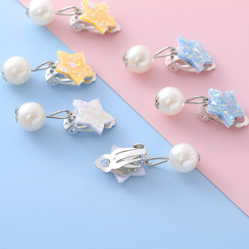 European and American Hot-Selling Children's Shiny Five-Pointed Star Ear Clips Imitation Pearl Pendant Earrings Fashionable Versatile Jewelry Ready for Sale