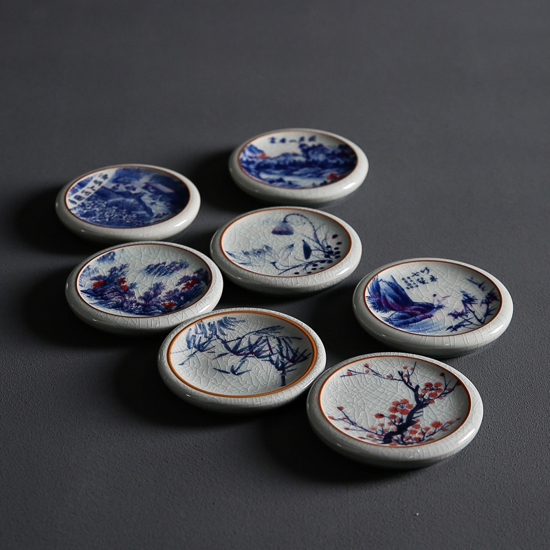 Держатель для чайной чашки из старой глиняной посуды, термоизоляционный коврик, набор с покрытием из старой глиняной посуды, ручная роспись, коврик для чашки с синими цветами, керамические маленькие украшения