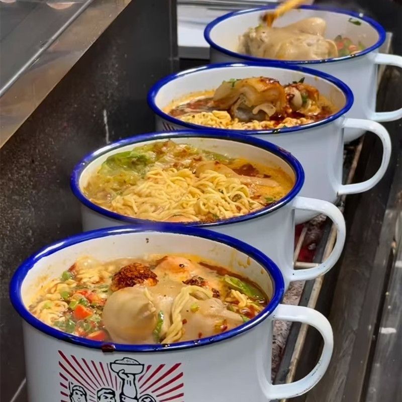 Old-Fashioned Enamel Rice Bowl, Available in Yellow and White Colors, Solid Color, Nostalgic Quote, Can Be Engraved with Logo, Suitable for Noodle Soup and Spicy Hot Pot