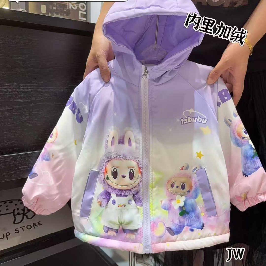 Зимние куртки Labubu для девочек, хлопковые и велюровые, ветрозащитные куртки для детей маленького и среднего размера, утолщенные зимние ветровки с капюшоном