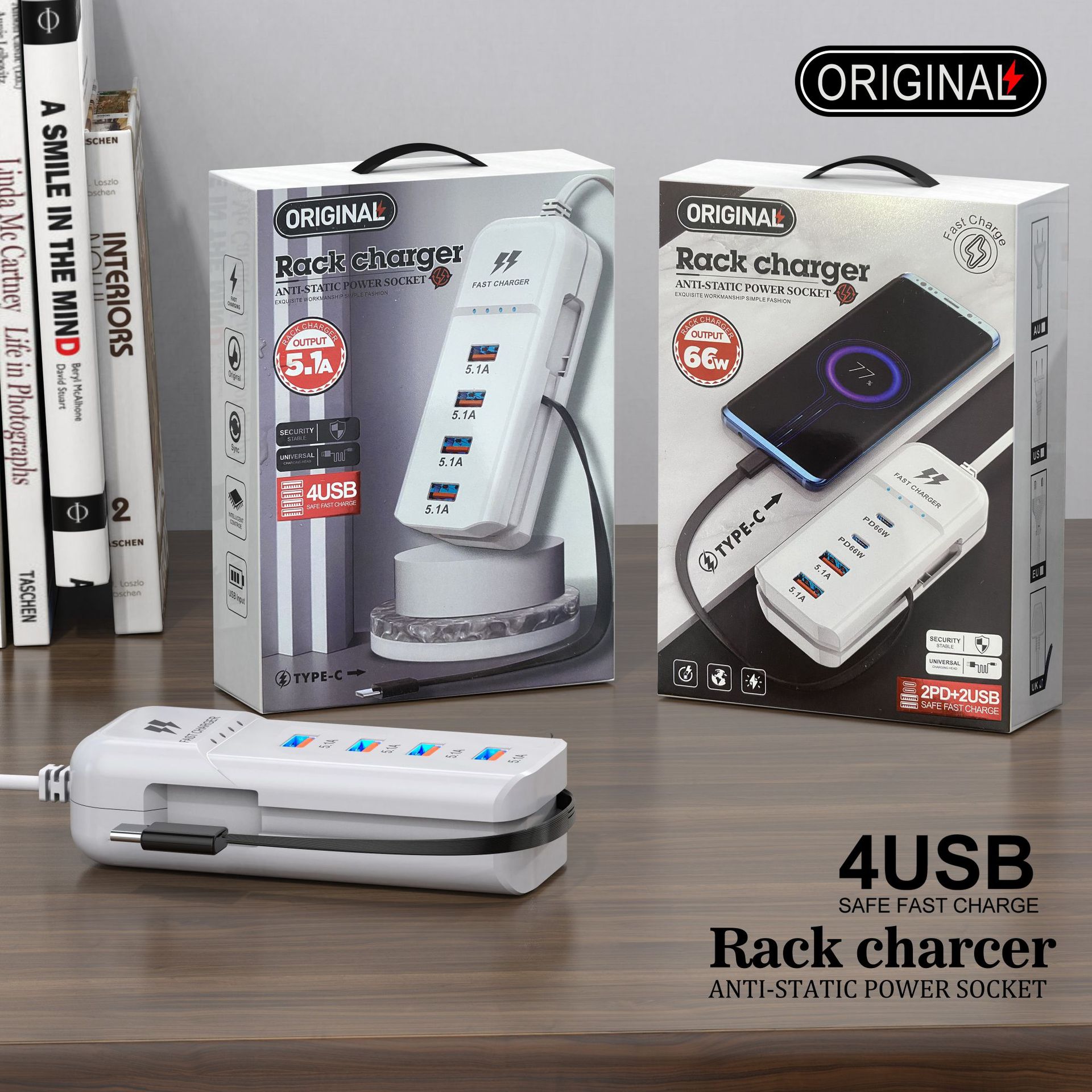 New Mobile Phone Charger Row 4Usb Multi-Port Dual Pd Fast Charging Head Universal with Type-C Socket Extension Cord