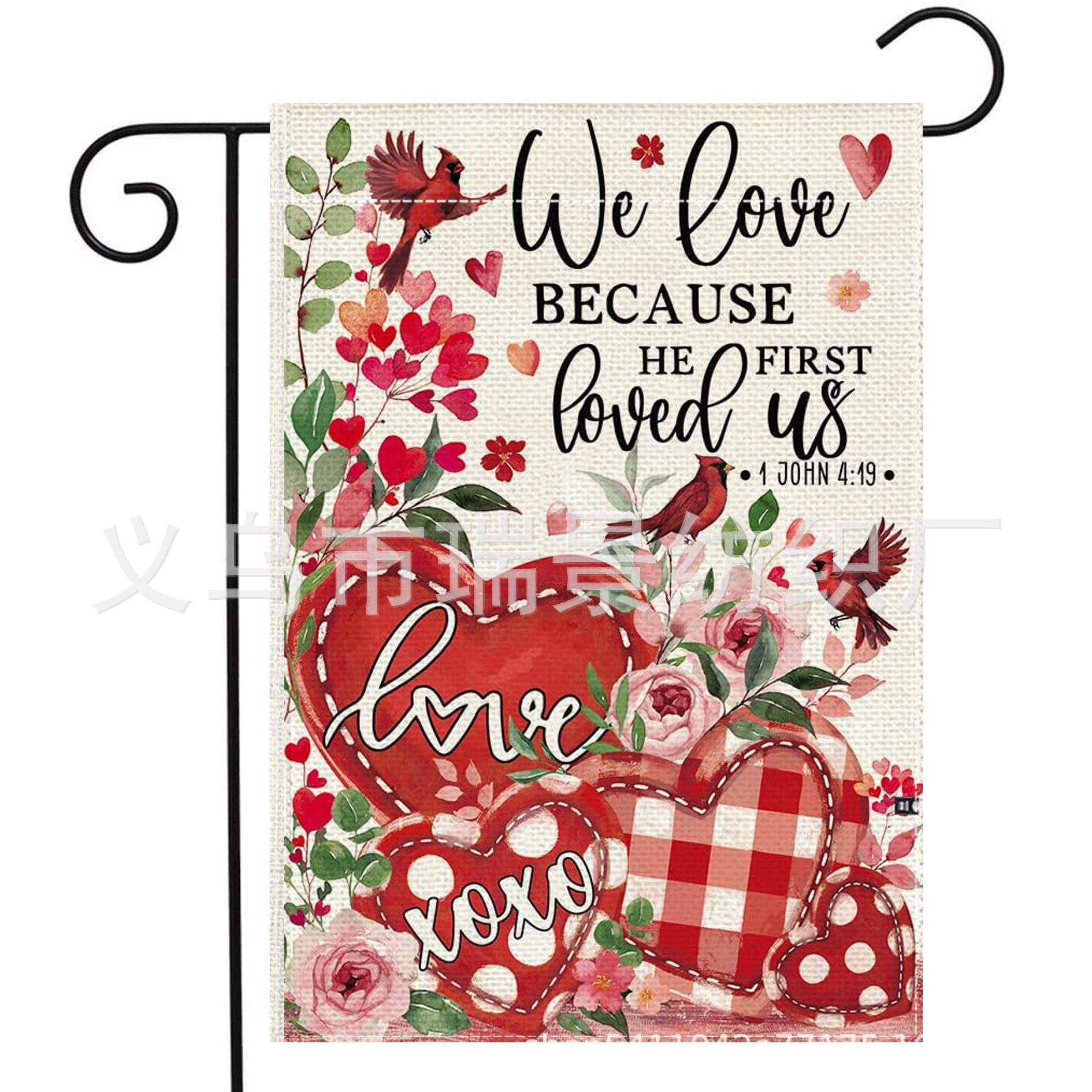 Cross-Border Hot Valentine's Day Garden Flag Red Heart Rose Outdoor Decoration Linen Double-Sided Garden Flag