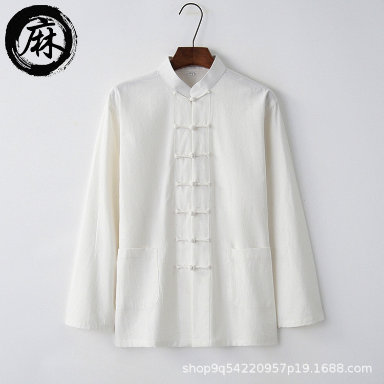 Chinese Style Tang Suit Men's Long-Sleeved Spring & Fall Cotton and Linen Middle-Aged and Elderly Chinese Style Disc Button Tai Chi Suit Bottoming Shirt Han Dynasty Layman Suit