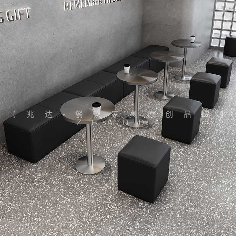 Modern Simple Baking Furniture Dining Table and Chair Combination Milk Tea Shop Coffee Shop Stainless Steel Round Table Coffee Table Storage Dining Chair