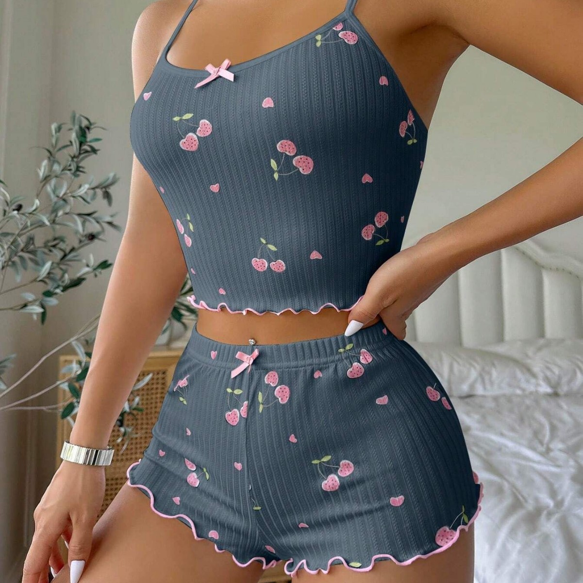 Cross-Border New Cherry Print Bow Camisole Shorts Home Wear Comfortable Solid Color Ribbed Stretch Slim Fit