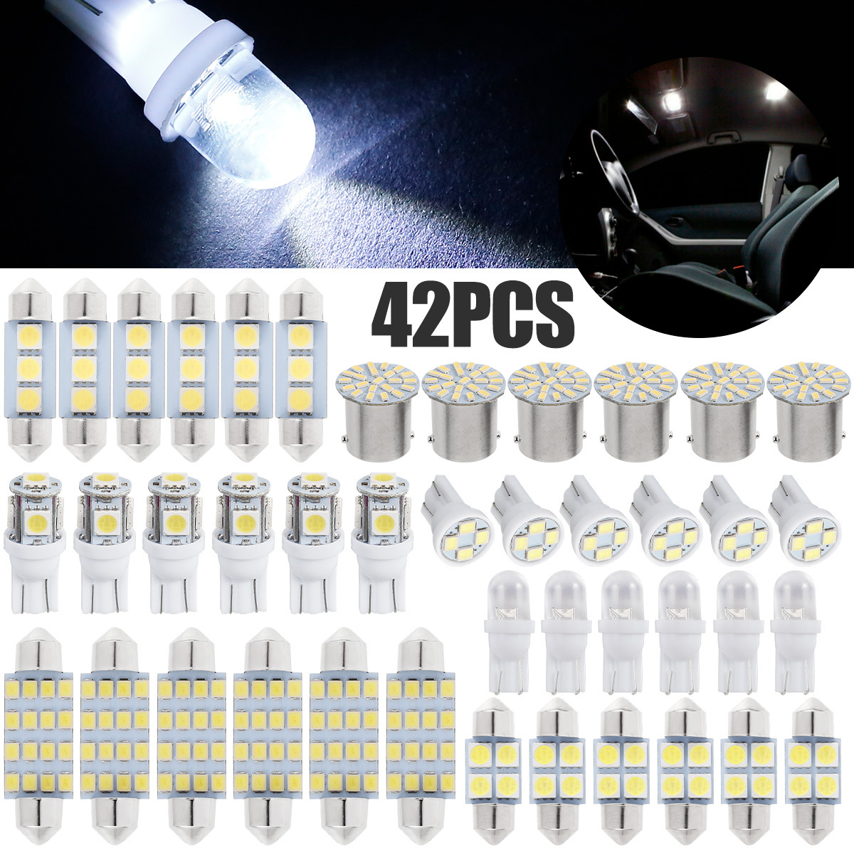 Car LED CombinaTion SeT 42PCS T10 WidTh LighT Double Tip Reading LighT License PlaTe LighT Indoor Door LighT