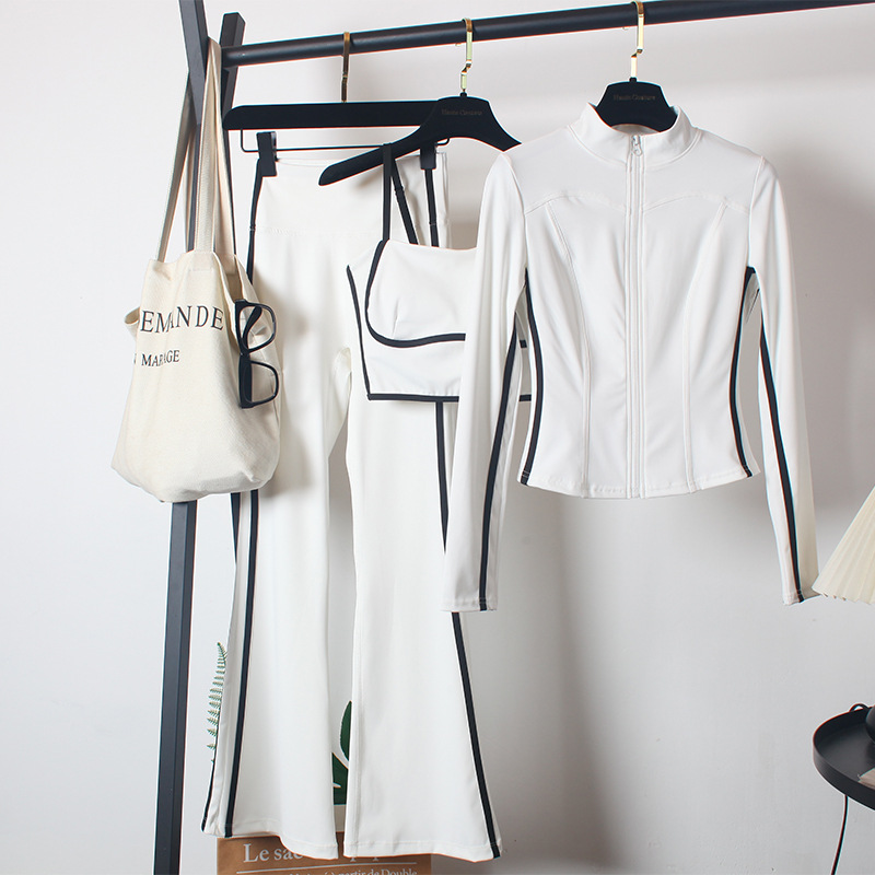 Yoga Clothing Sports Suit for Women, Spring Style, High-Waisted Flared Pants, Slimming, Dance, Morning Running, Tight-Fitting, Zippered Three-Piece Set