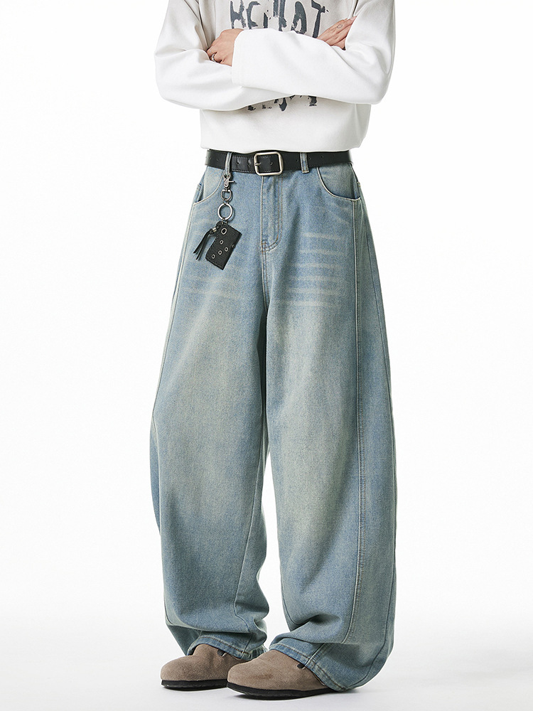 Loose Silhouette Washed Jeans for Men Spring and Summer New Side Split Design Carrot Pants American Retro Long Pants
