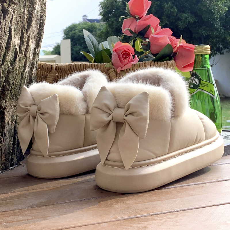 Bowknot cotton slippers women's winter bag heel fleece-lined cotton shoes 2023 New ins girl style warm thick sole outer wear