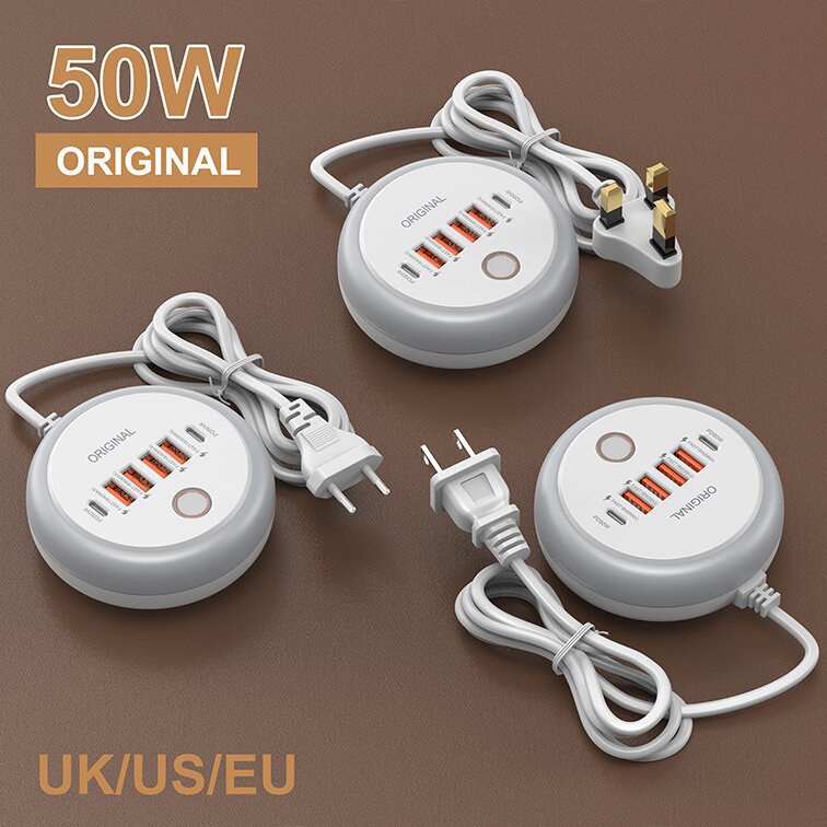 Cross-border new PD plug charger with button luminous dual C + 4USB multi-port multi-function smart plug