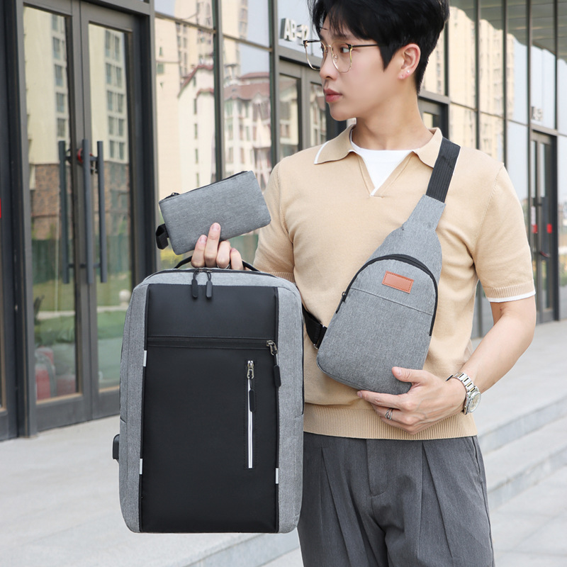 Cross-border Business Backpack Men's USB Charging Multifunctional Simple Large Capacity Backpack Three-piece College Student Schoolbag