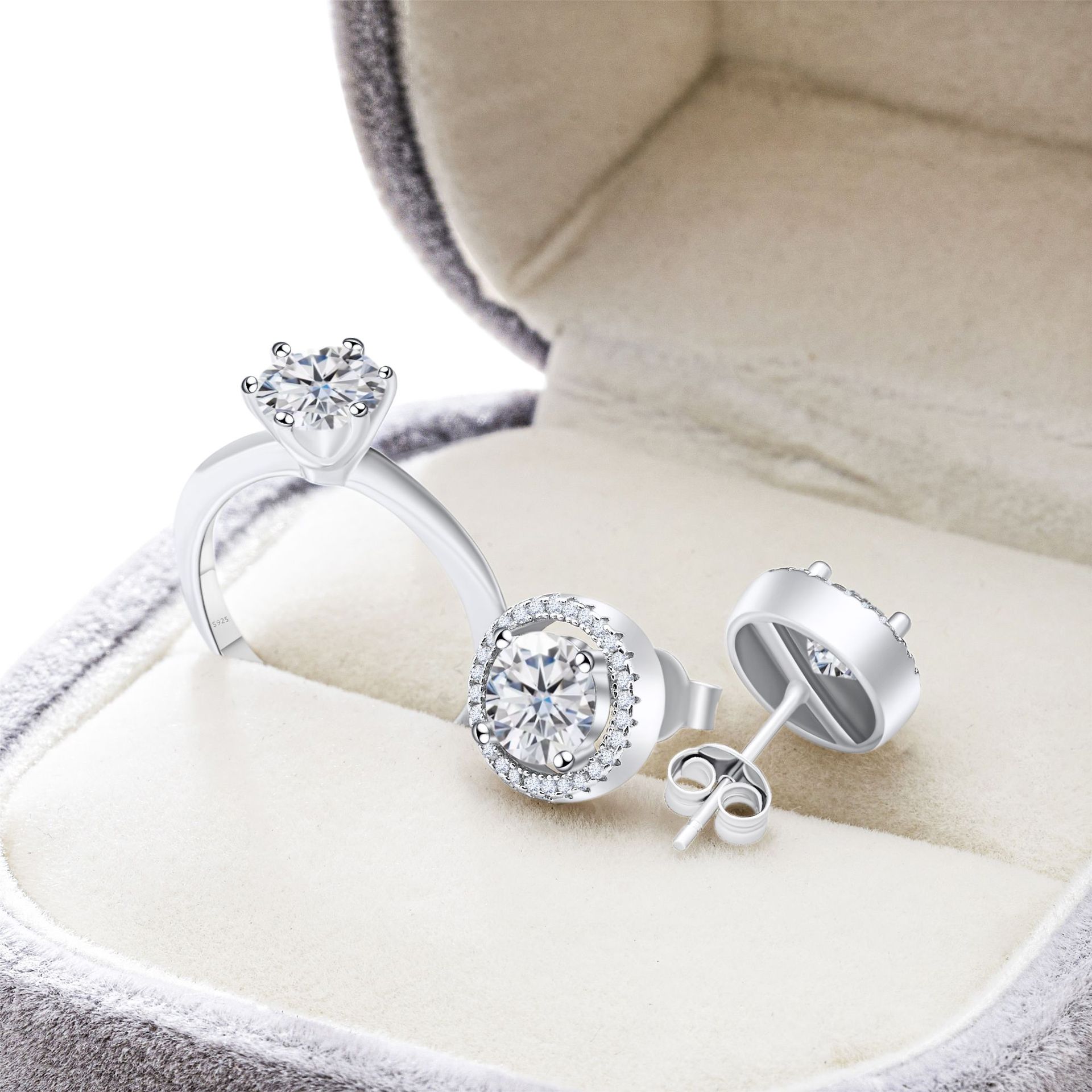 S925 Sterling Silver Moissanite Diamond Set Earrings Ring Set with Certificate Test Diamond Pen Sterling Silver Jewelry Set