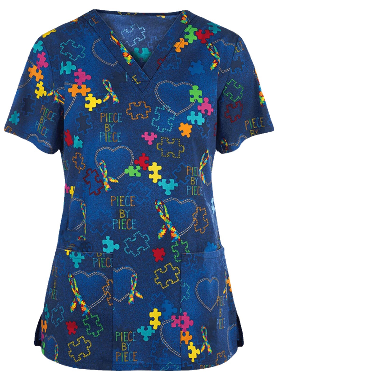 Aliexpress Amazon European and American Clothing Summer V Neck Cartoon Print Flap Pocket Pants Work Clothes Nursing Clothes Nurse Clothes Career