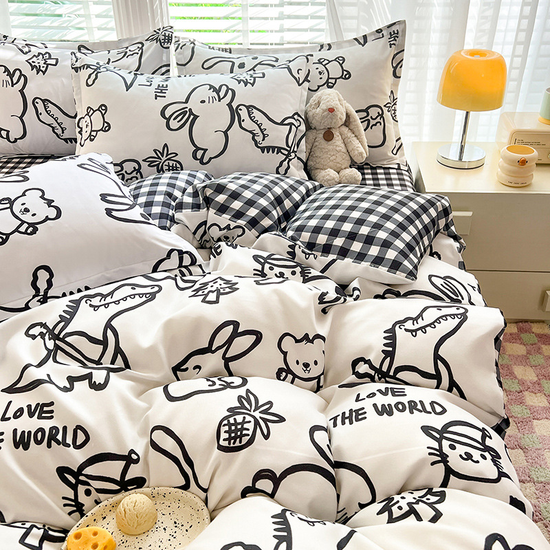 Cartoon bedding quilt cover student dormitory three-piece quilt set 4-piece skin-friendly wash cotton four-piece set clearance