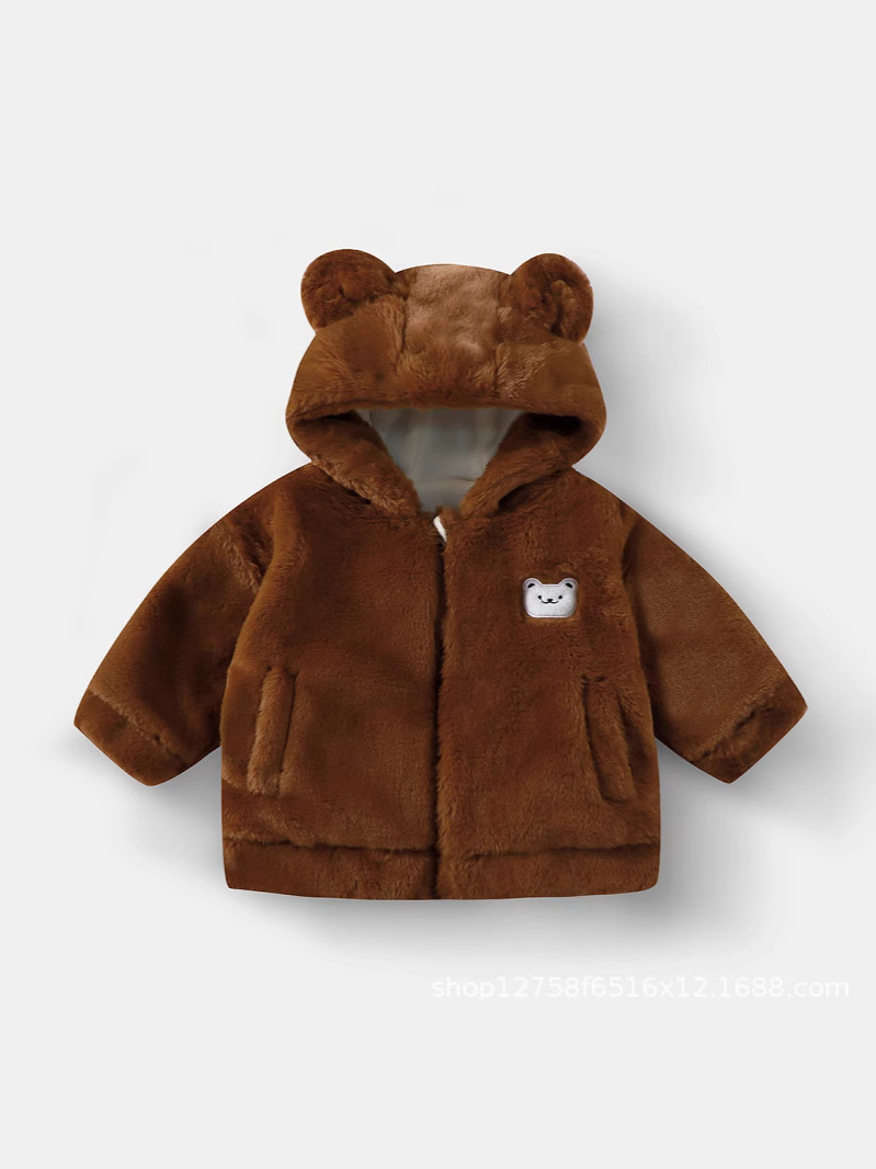 Children's Fur Coat New Boys and Girls Baby Hooded Warm fleece-lined Top Children's Cardigan Zipper Outerwear
