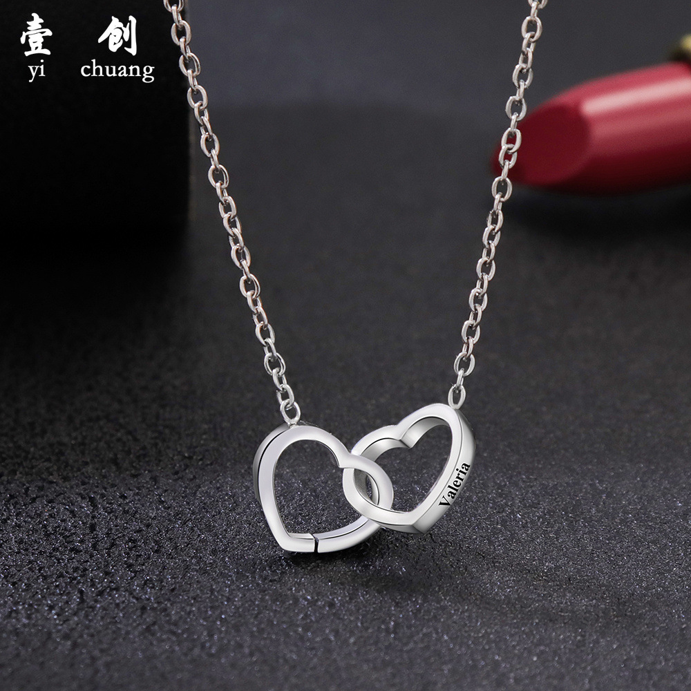 Stainless Steel Double Heart Engraving Necklace Engraved Heart Necklace European and American Cross-Border Popular Fashion Simple Gift