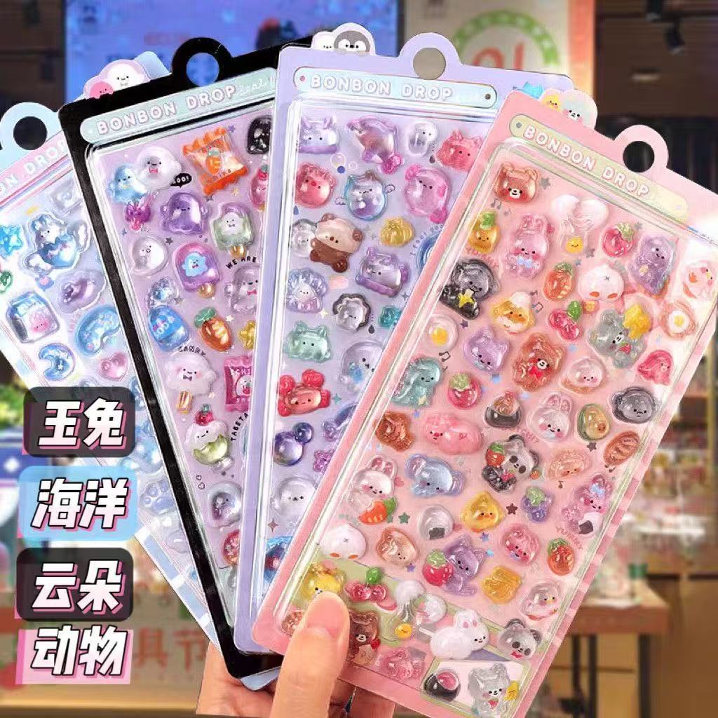 Cartoon Stereo Floating Fun Stickers Crystal Diamond Kidsren's Decorative Stickers 3D Stickers Cute Embossed Stickers for Girls