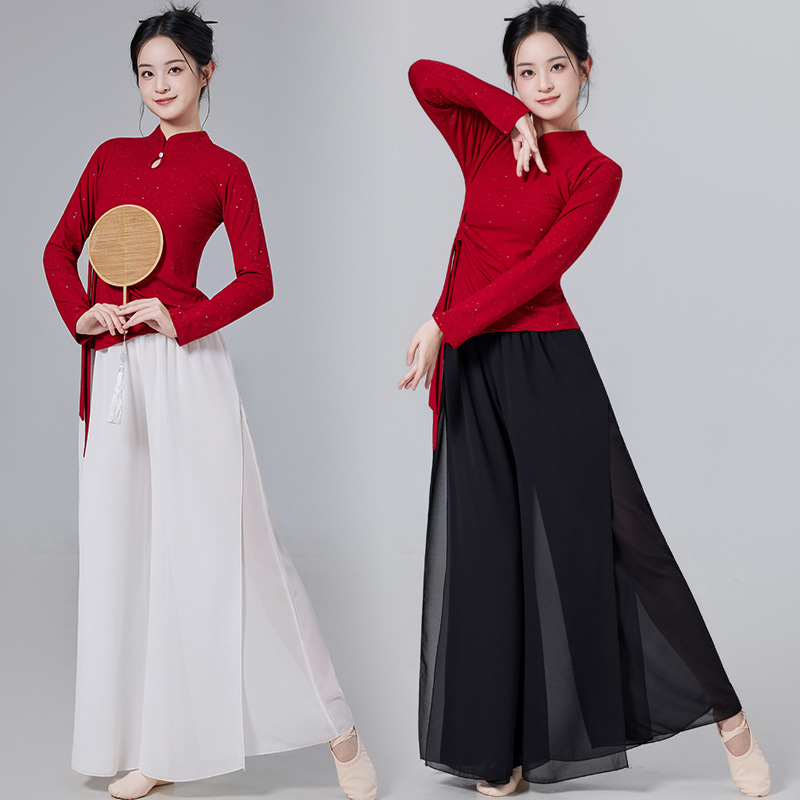 New Dance Costume Classical Dance Chinese Dance Outfit Set with Hotfix Rhinestones and Flowing Ribbons