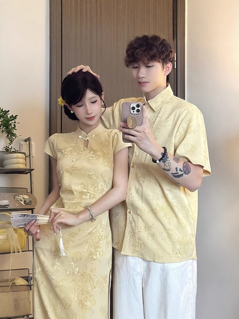 New Chinese Style Couple's Clothing for Summer, Versatile, Improved Waist, High-End, One-Piece, One-Skirt, Slit Cheongsam Dress, Shirt