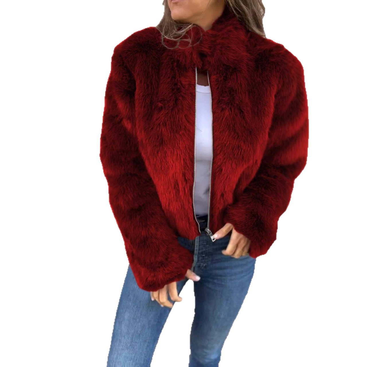 Amazon 2024 European and American Clothing Cross-Border New Autumn and Winter Women's Imitation Fur High Collar Zipper Casual Tops and Jackets