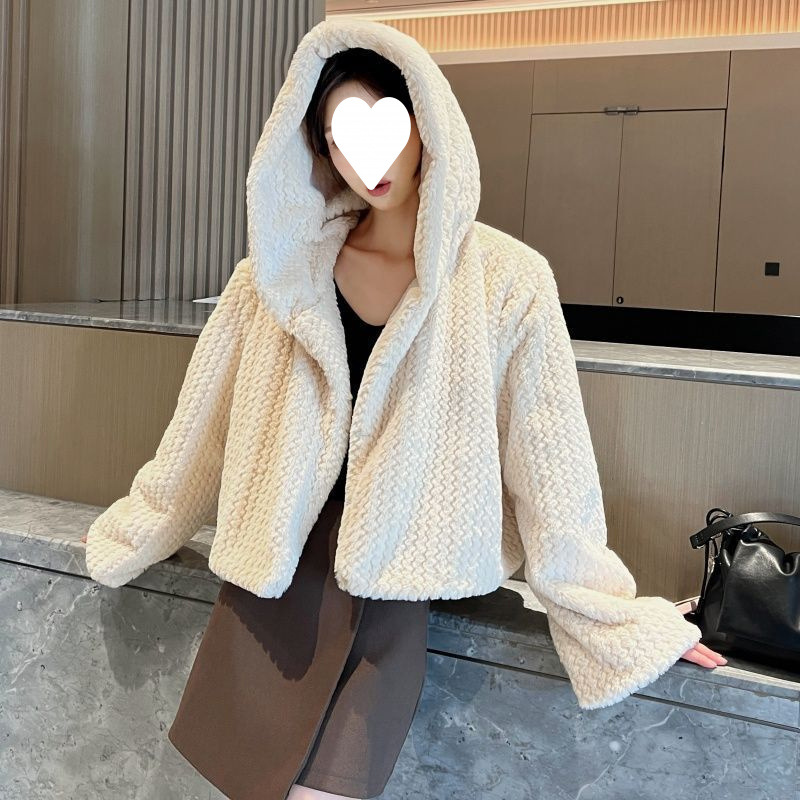 2025 Autumn and Winter New Encrypted Handmade Double-Sided Woven Hooded Korean Style Short Rabbit Fur Outwear for Young Women