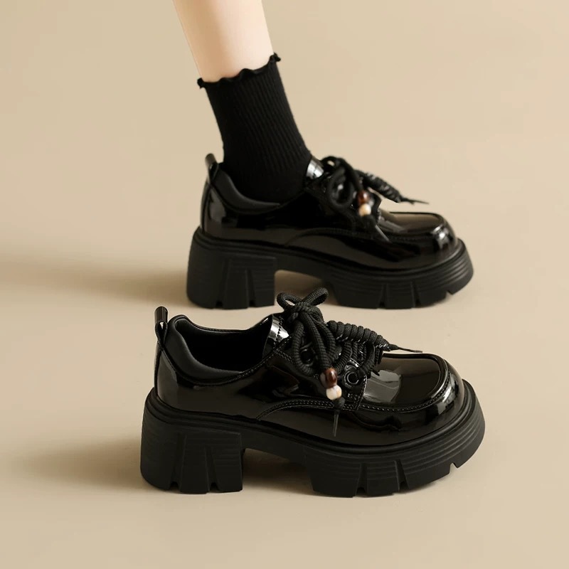 Popular Thick-Soled Loafers for Women, 2025 Autumn New Style, Black Chunky Heel, Height-Increasing, Fleece-Lined, British-Style Small Leather Shoes