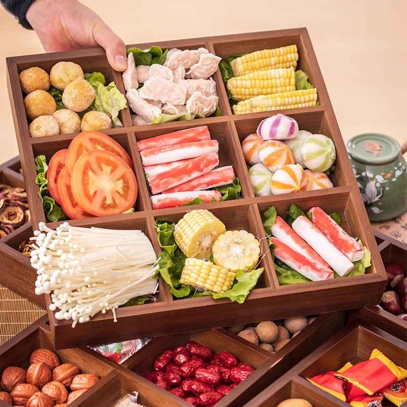 Поднос Jiugongge для горячих блюд, бамбуковая и деревянная круглая тарелка для закусок, коробка для приготовления пищи, тарелка для сухофруктов, коммерческая тарелка