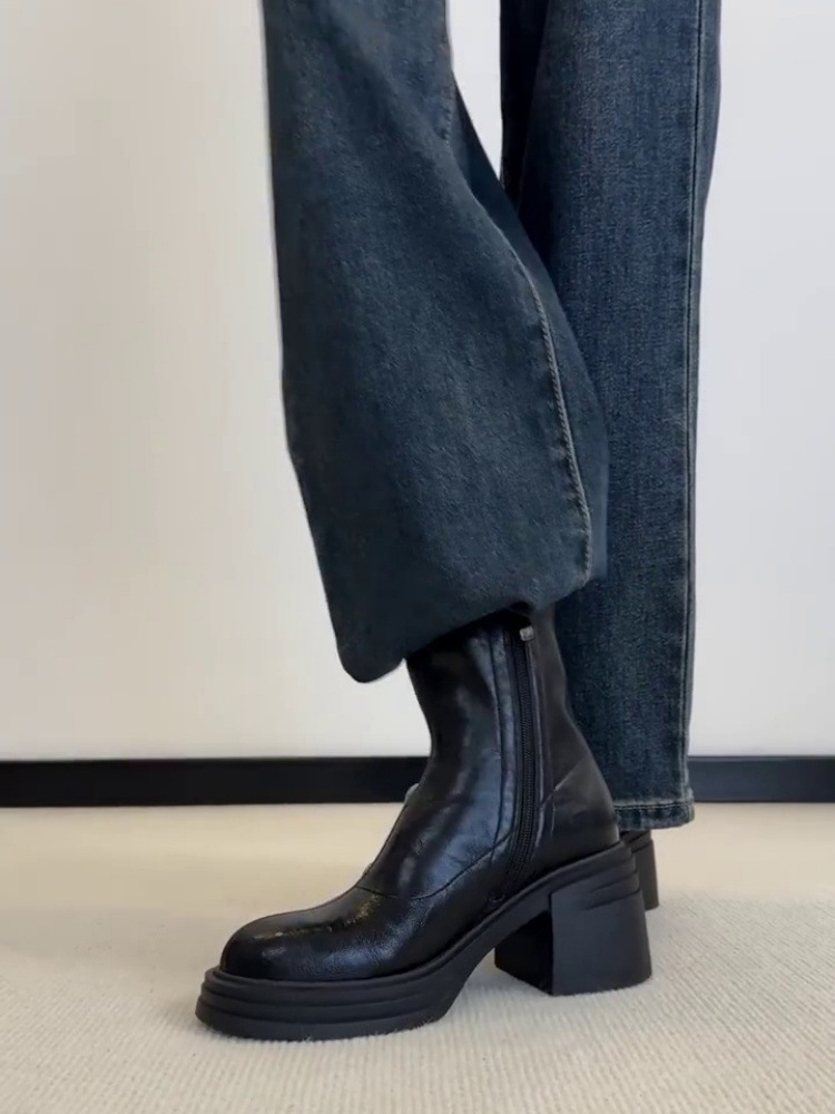 Sheepskin Version ~ Fashionable and Versatile Slimming Look Genuine Leather Thick High-Heeled Boots for Women British Style Retro Side Zipper Slim Boots