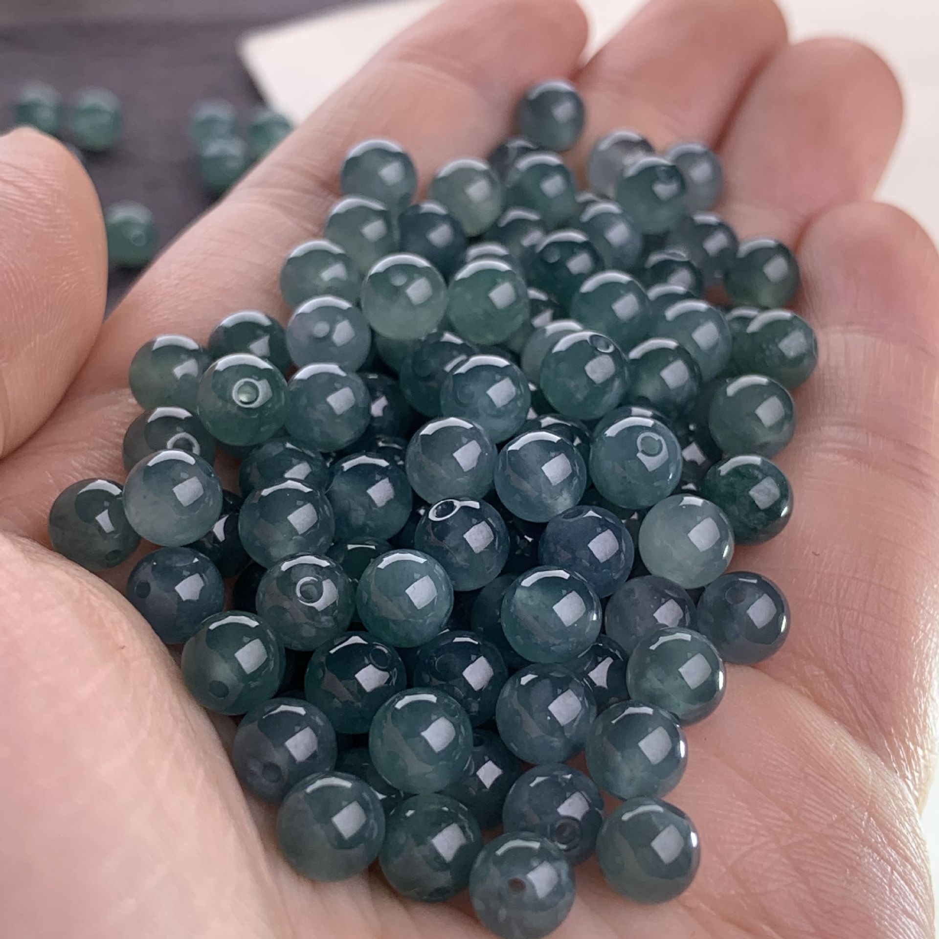 Natural A-Grade Jadeite Ice Old Blue Water Material Snowflake Cotton Round Beads Single Bead Rice Beads Large and Small Loose Beads Accessories DIY Wholesale