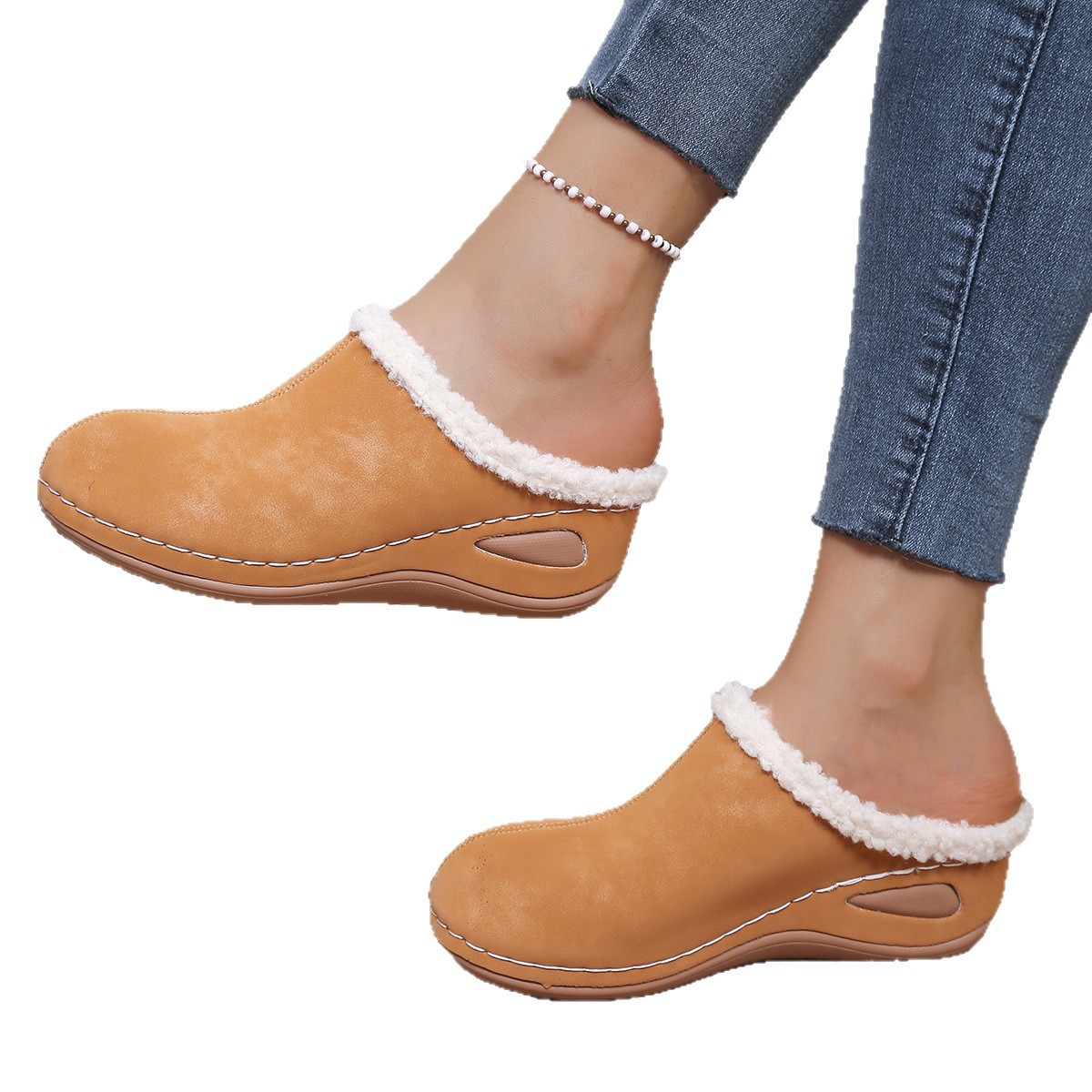Cross-Border Women's Toe-Toe Thick-Soled Slippers 2025 Export Autum New Large Size Round-Toe Fleece-Lined Wedge-Heeled Slippers Wholesale