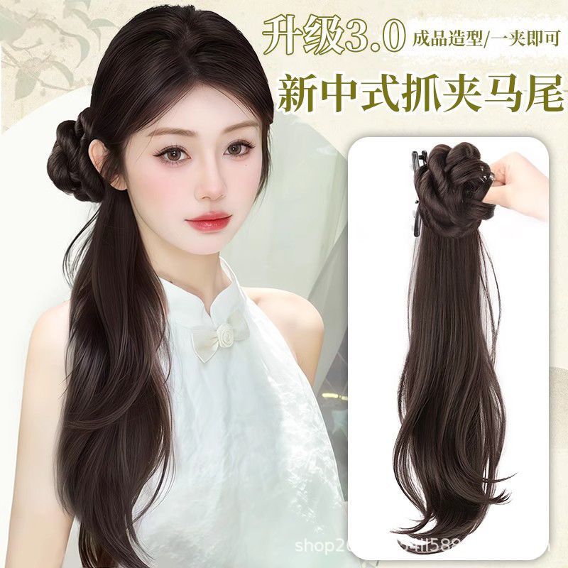 New Chinese Style Wig with Side Ponytail, Chinese Style Hair Accessories, Artificial Hair, Ancient Style Han Dynasty Cheongsam, Clip-On Wig Ponytail