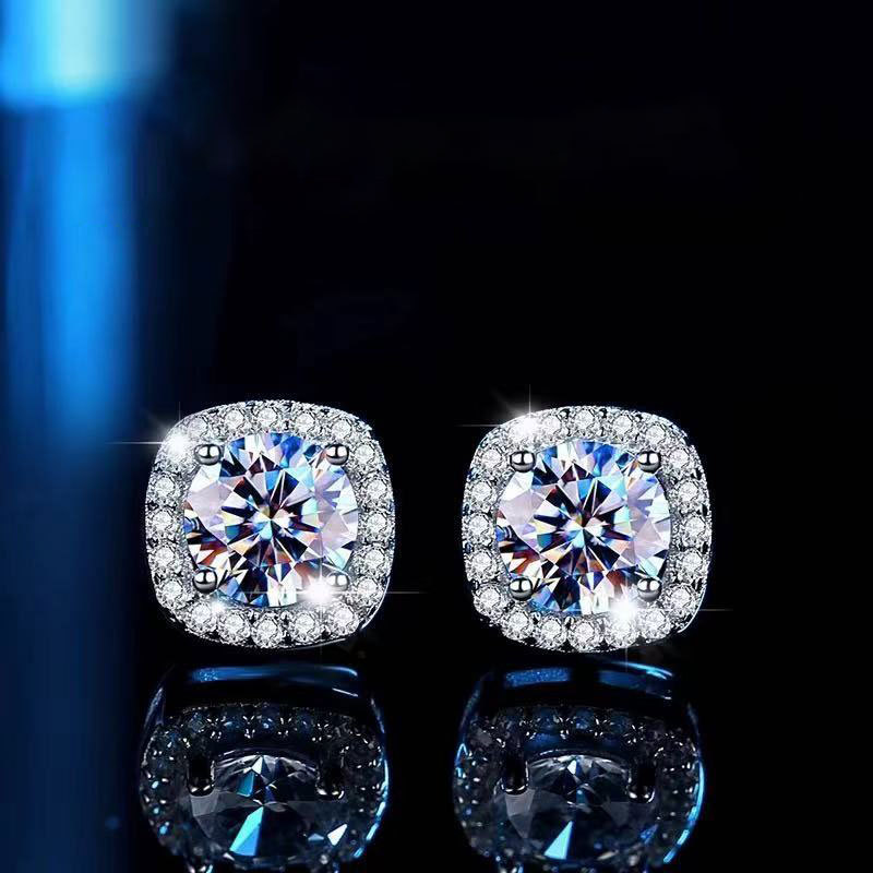 Pt950 Platinum Cultured Diamond Princess Bag Earrings for Women Simple Pierced Earrings Ear Jewelry Cross-Border Live Supply