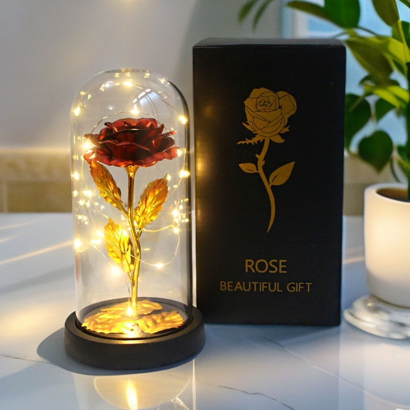 Valentine's Day Creative Gift Artificial Rose Gold Foil Flower Night Light Source Factory Ornaments for Girlfriend's Birthday and Chinese Valentine's Day